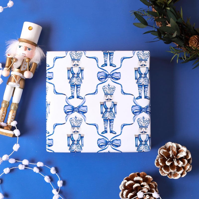 LaRibbons Reversible Christmas Wrapping Paper Mini Roll, Blue Nutcracker and Bow Pattern Toile Design, Ideal for Christmas, Holiday, and Seasonal Gift Wrapping, 17" x 33' (46.7 sq. ft) - Image 2